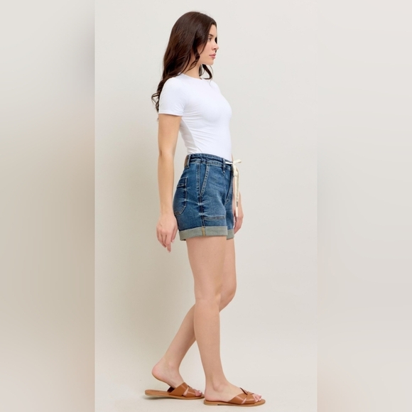 Judy Blue HR Dark Wash Tie Waist Patch Pocket Cuffed Denim Jogger Shorts NEW - Picture 5 of 16